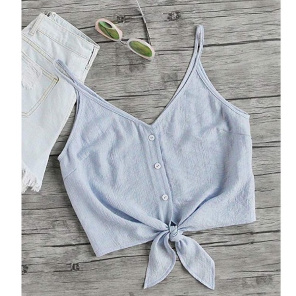 Light blue cropped tank top w/ button & tie up - Picture 1 of 8